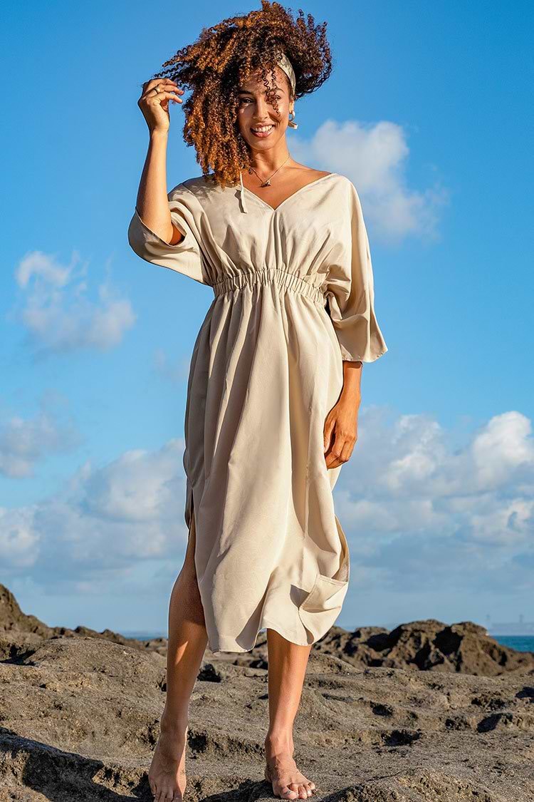 Elfenbein Shirred Midi Kleid