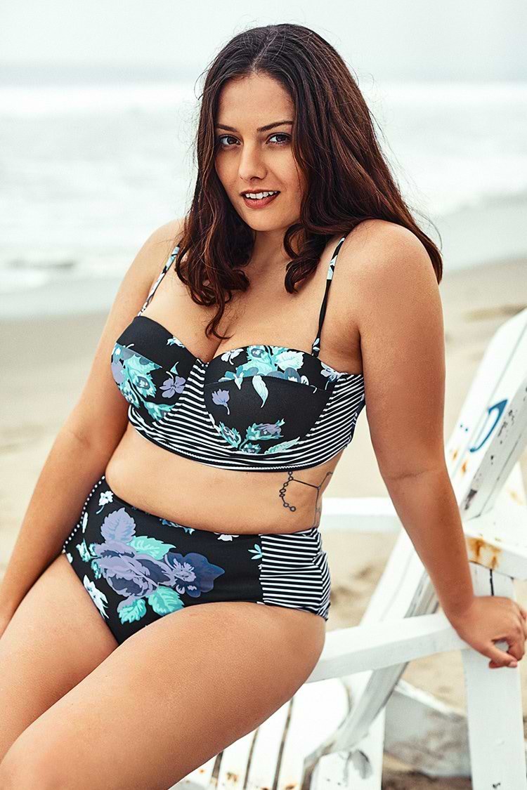 Bikini grande Taille push-up et Imprimé Floral Bleu