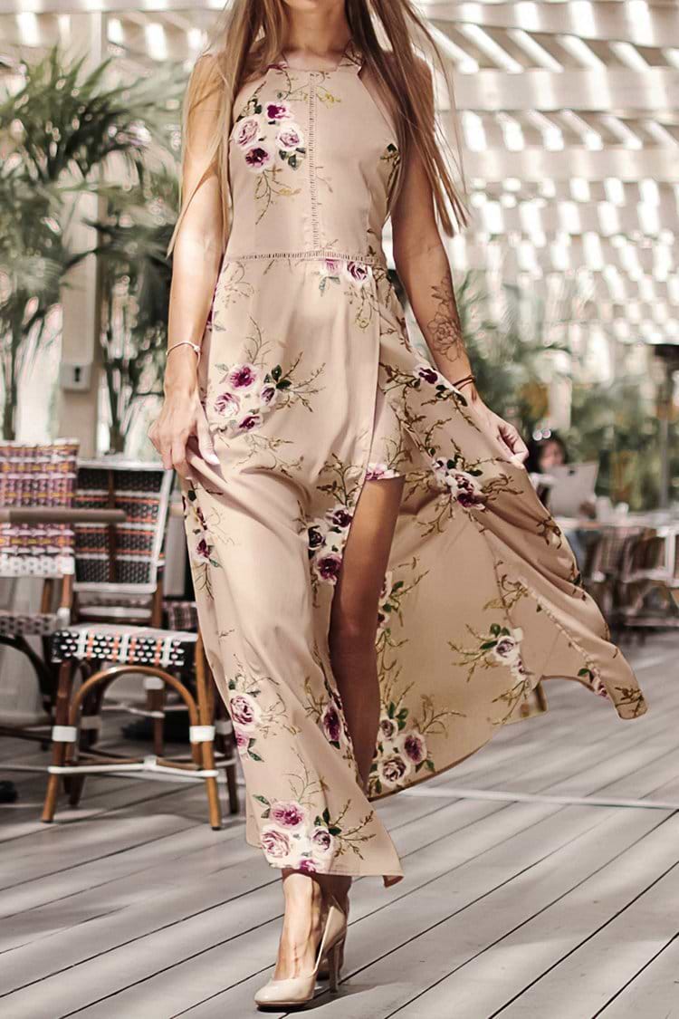 Aprikose Blumendruck rückenfreies Kleid