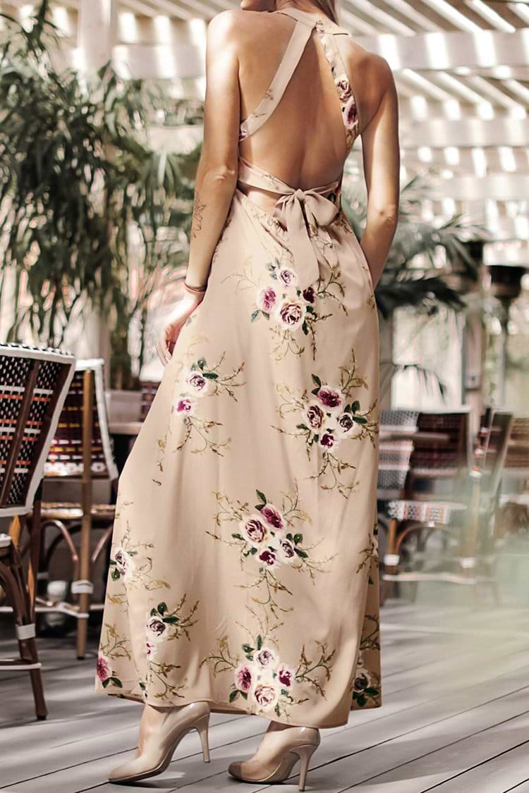 Aprikose Blumendruck rückenfreies Kleid