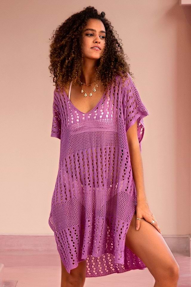 CUPSHE Women's Cover Up Hollow Out Short Sleeve Knee Length Beachwear Violet
