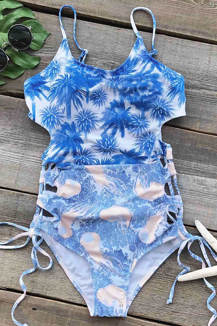 Coconut Tree Lace Up One-piece Swimsuit