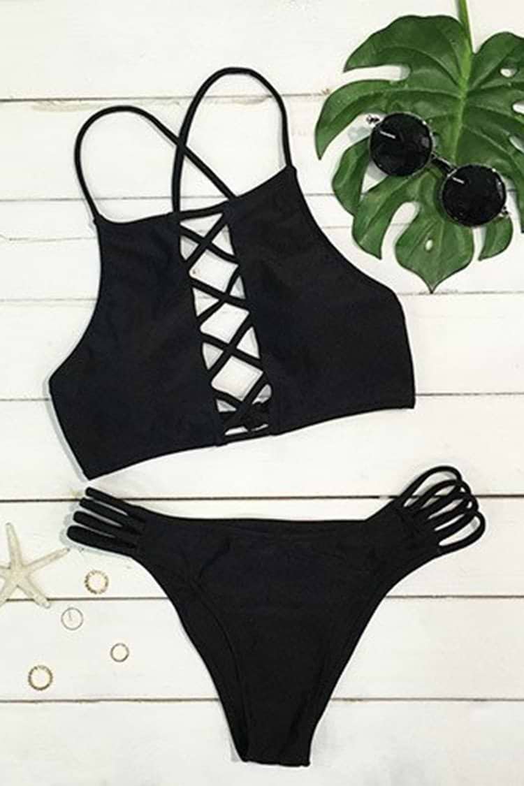 Little Black Lace Up Bikini Set
