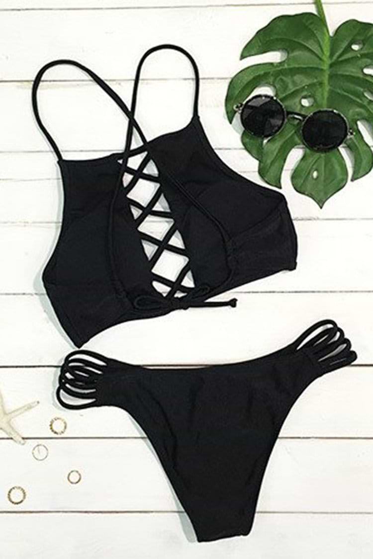 Little Black Lace Up Bikini Set
