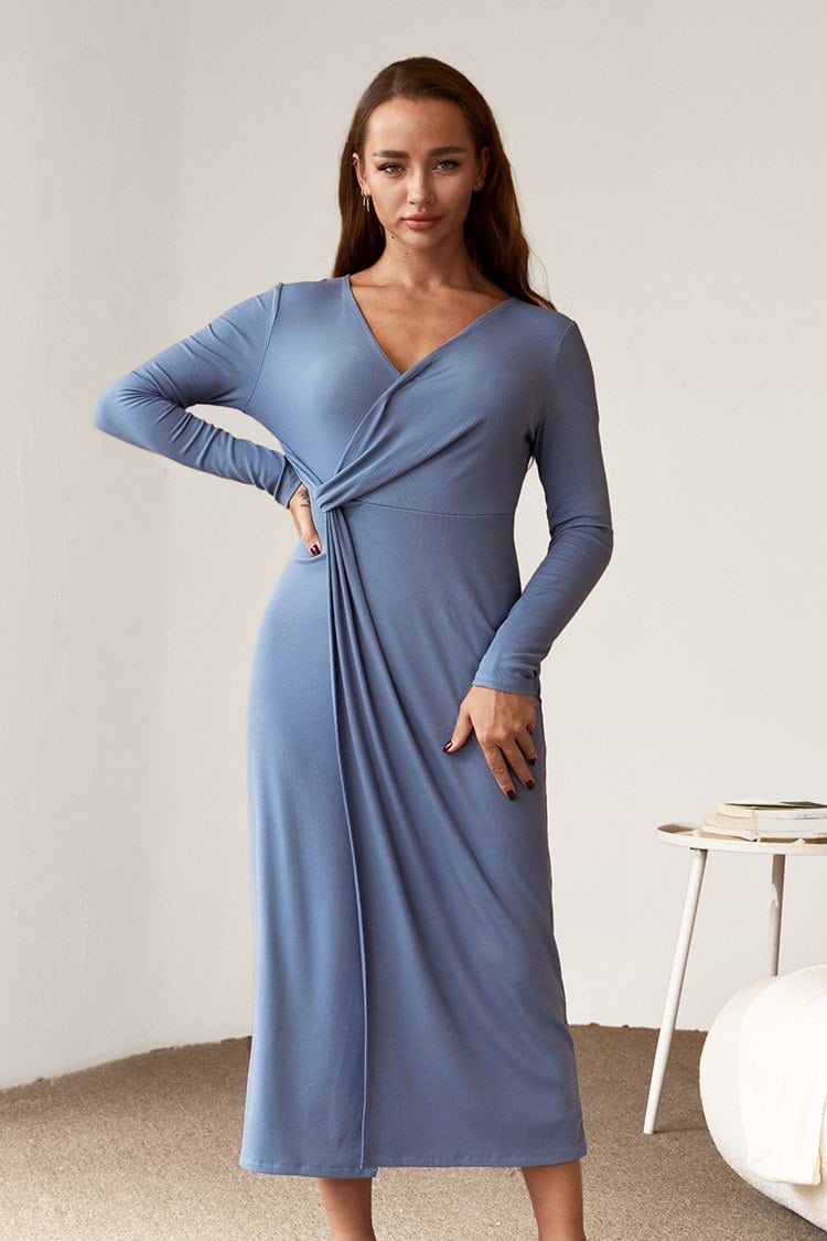 Gerafftes Langarmkleid mit Twist in Blau