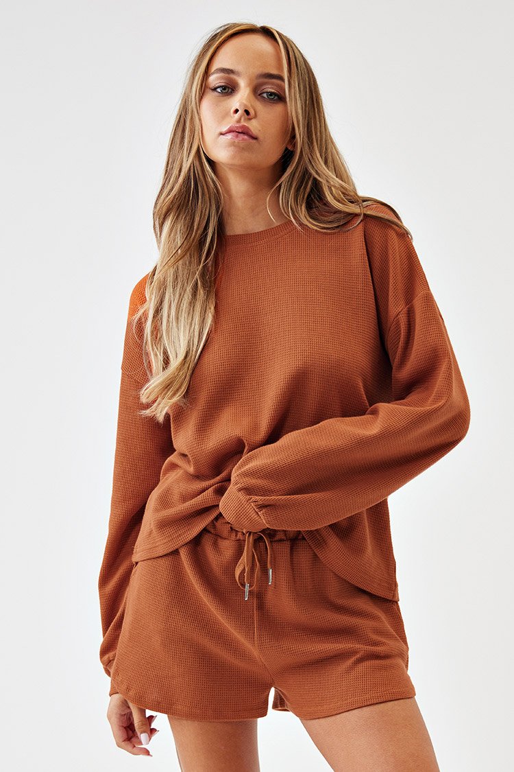 Einfarbiges Top und Shorts-Set mit Kordelzug