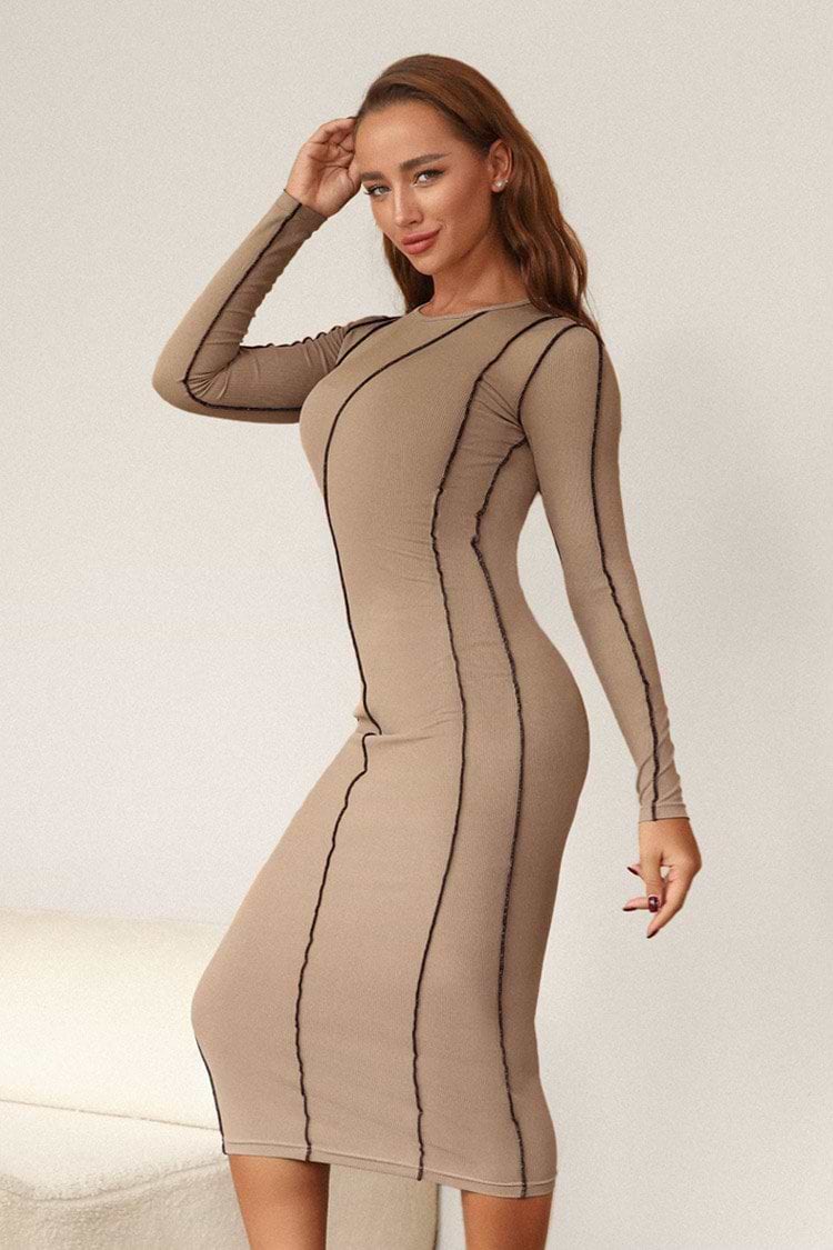 Langärmliges Kleid in Teelänge in Beige