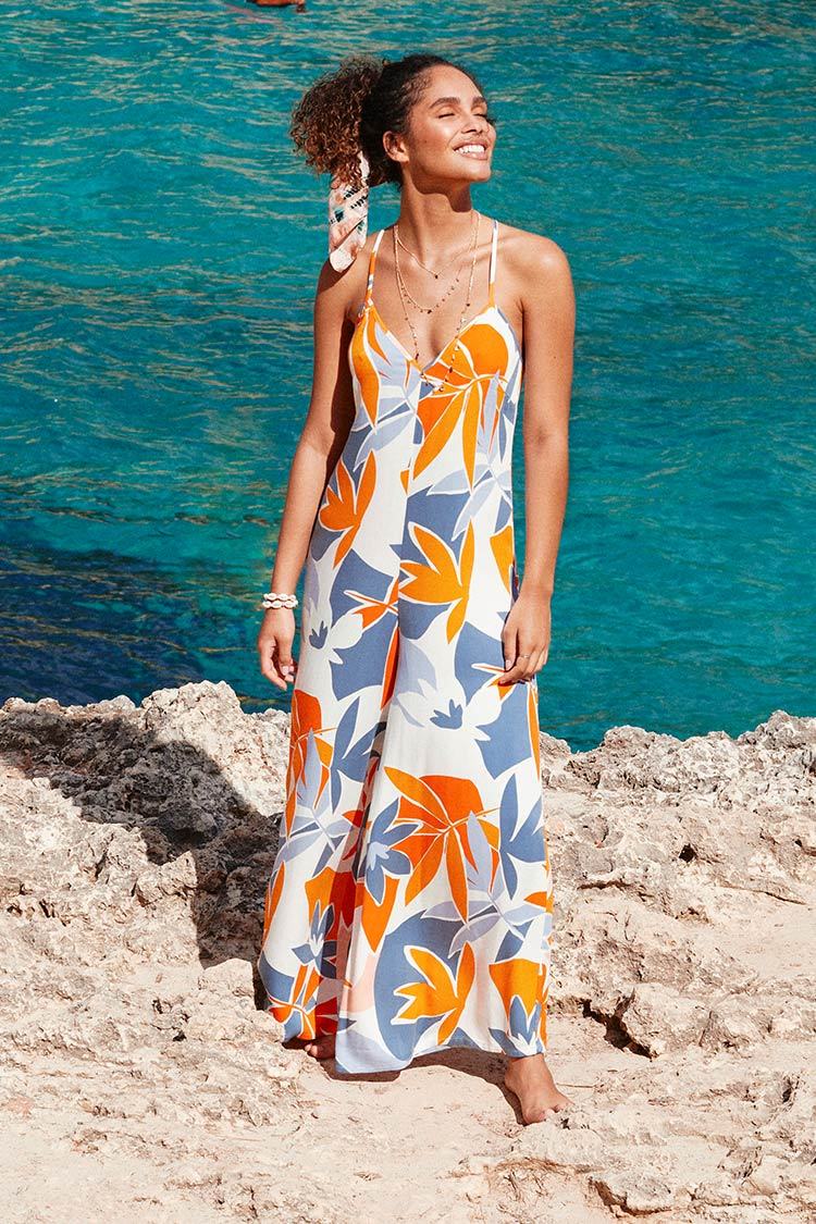 Meagan Leafy V-neck Criss Cross Jumpsuit