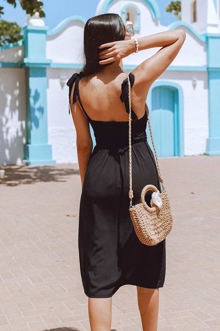 Amayah Black Shoulder Tie Midi Dress