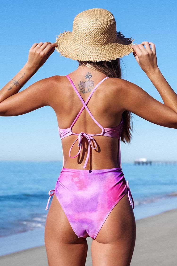 Rose Tie Dye Side Shirred One Piece Swimsuit