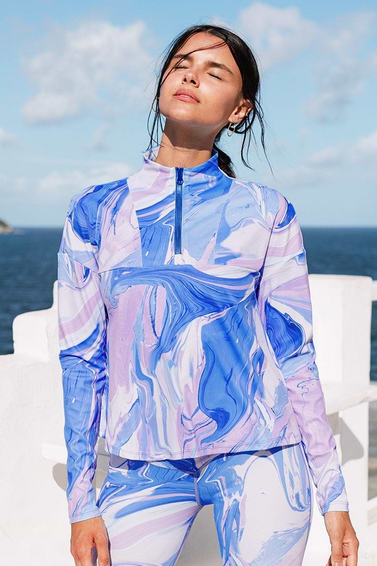 Sweat marbré à manches longues zippé sur le devant