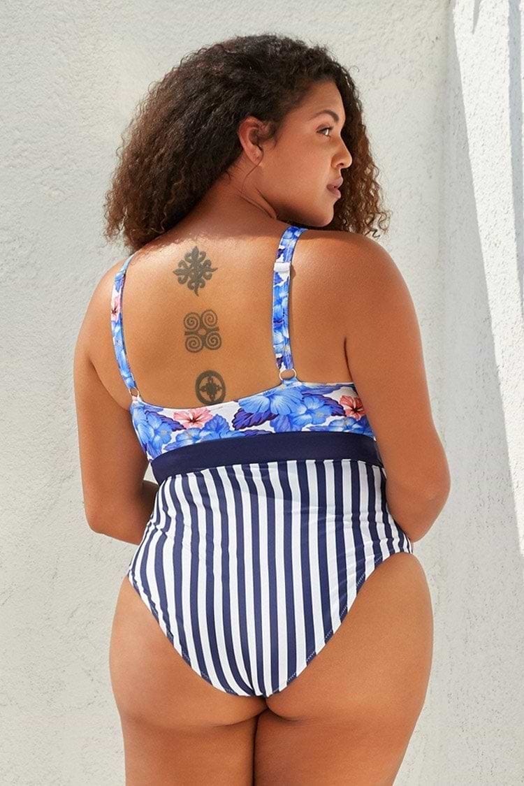 Bañador Azul Floral y Rayas de Una Pieza Talla Grande