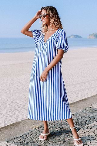 striped lace up dress Angelina Midi Dress With Lace Up in Blue Choco Stripe