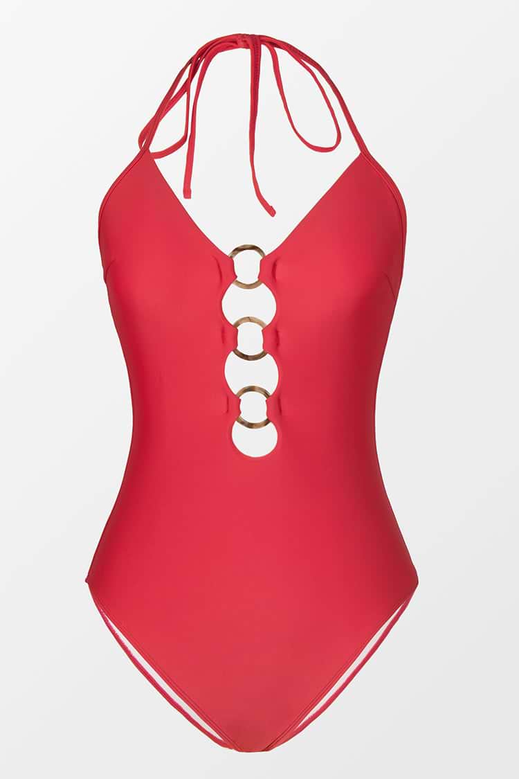 Maillot de bain une pièce couleur unie avec anneau sur le devant