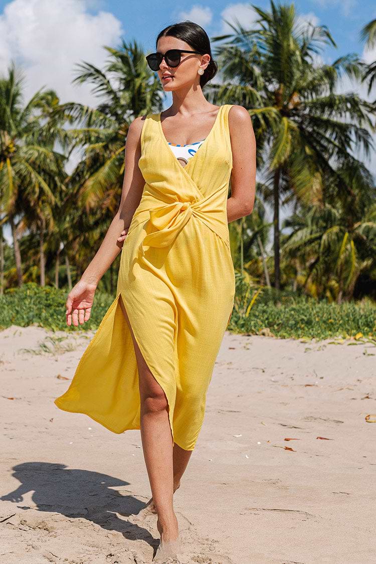 Zaniyah Yellow Tie Waist V-neck Cover Up Dress