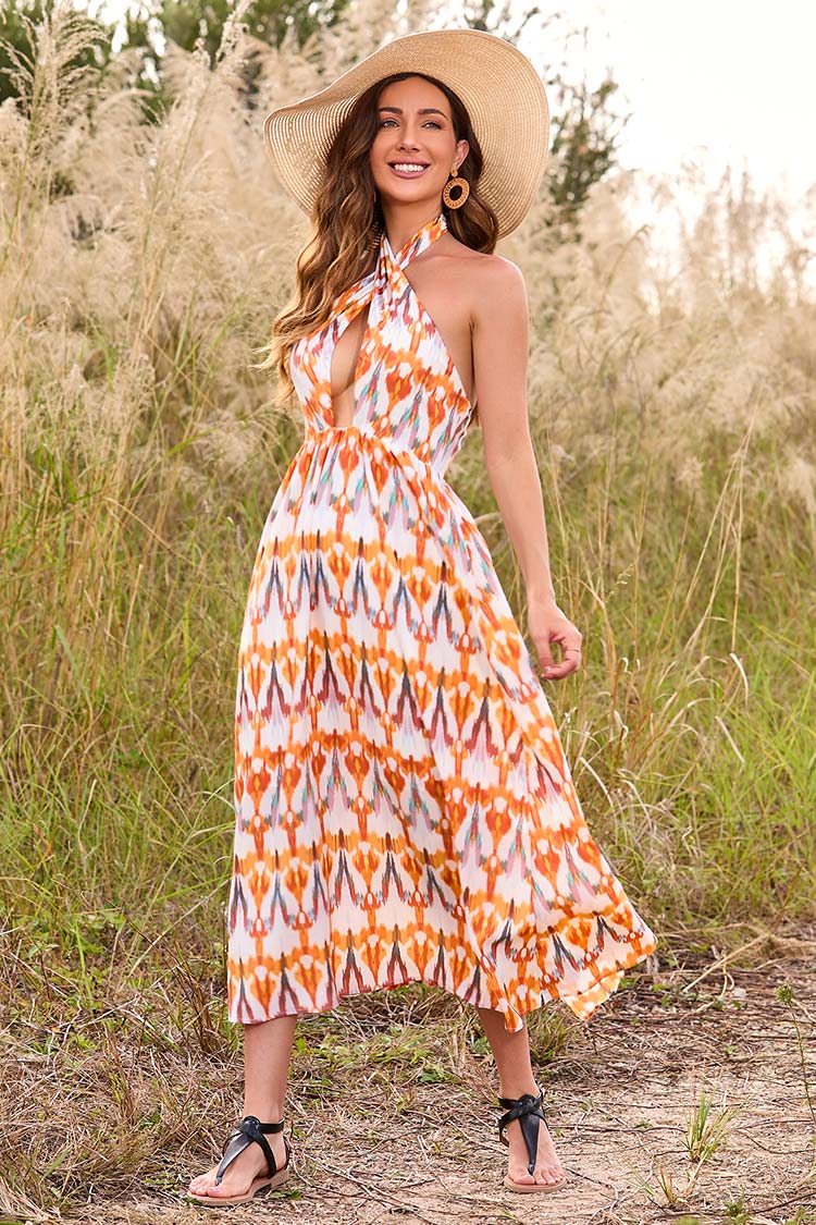 Robe dos nu croisée et imprimé géométrique