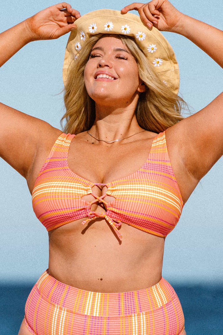 Mercury Stripe Strappy Front Bralette Plus Size Bikini Top