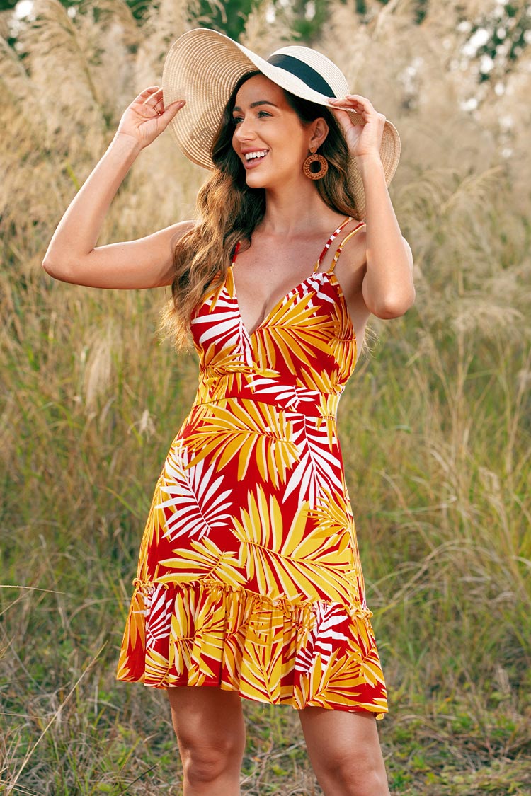 Royal Thin Strap Tropical Plants A-Shape Dress