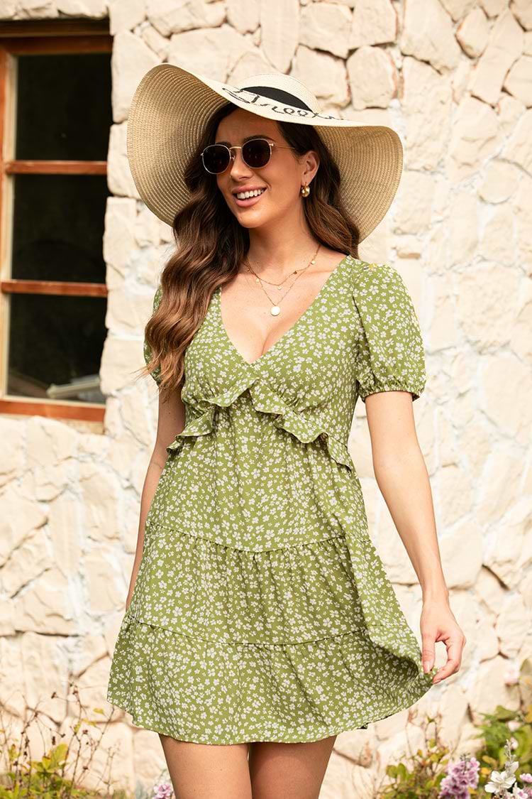 Robe imprimée petites fleurs à col en V et volants avec fermeture éclair