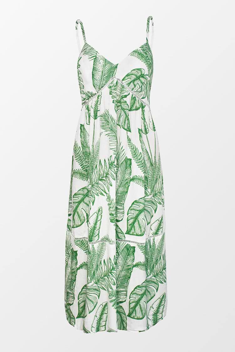 Robe à découpes et col en V imprimé feuillues