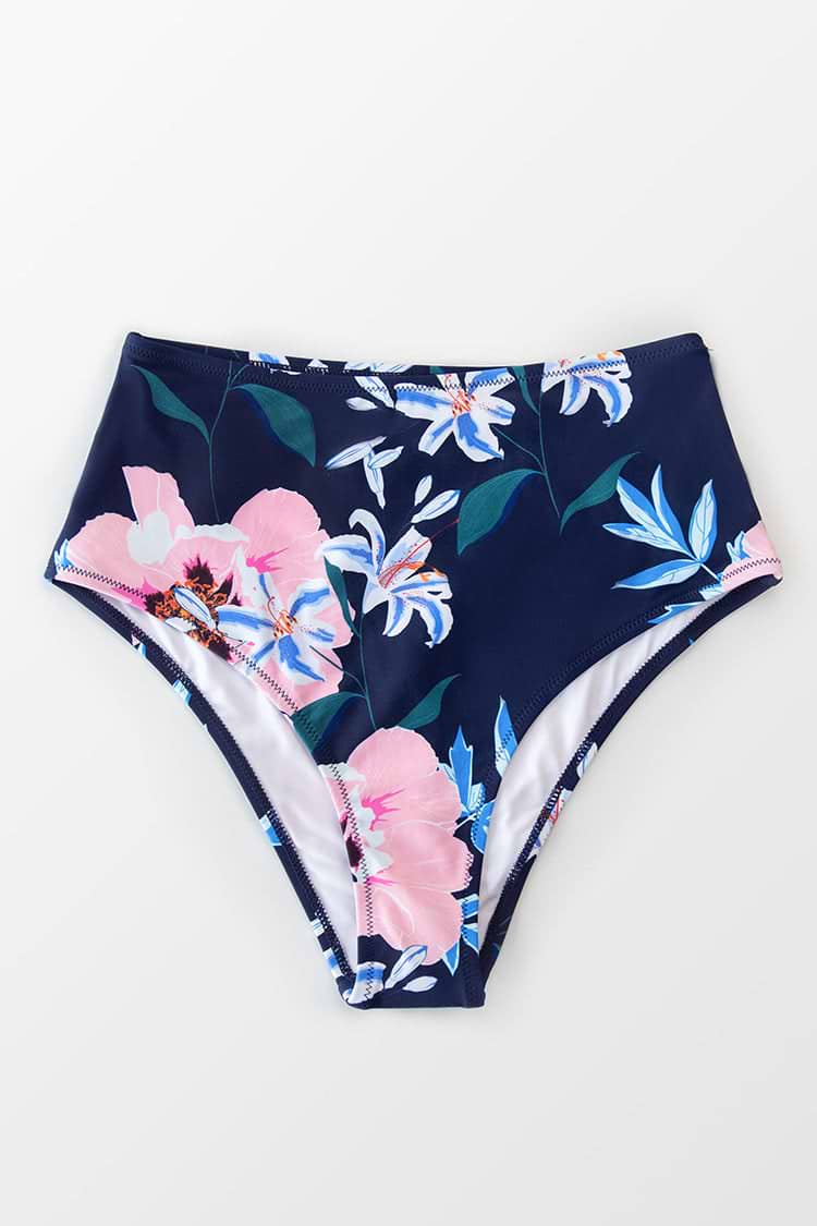 Bas de bikini taille haute bleu marine et floral