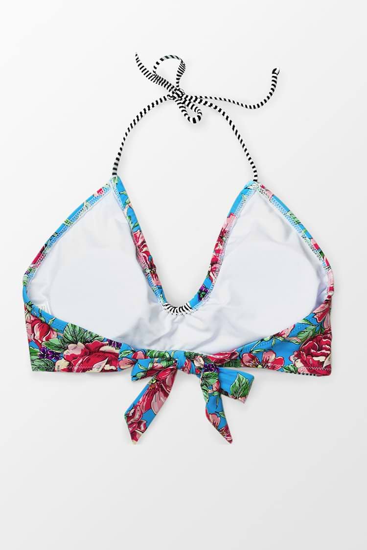 Haut de bikini halter à fleurs et rayures rouges