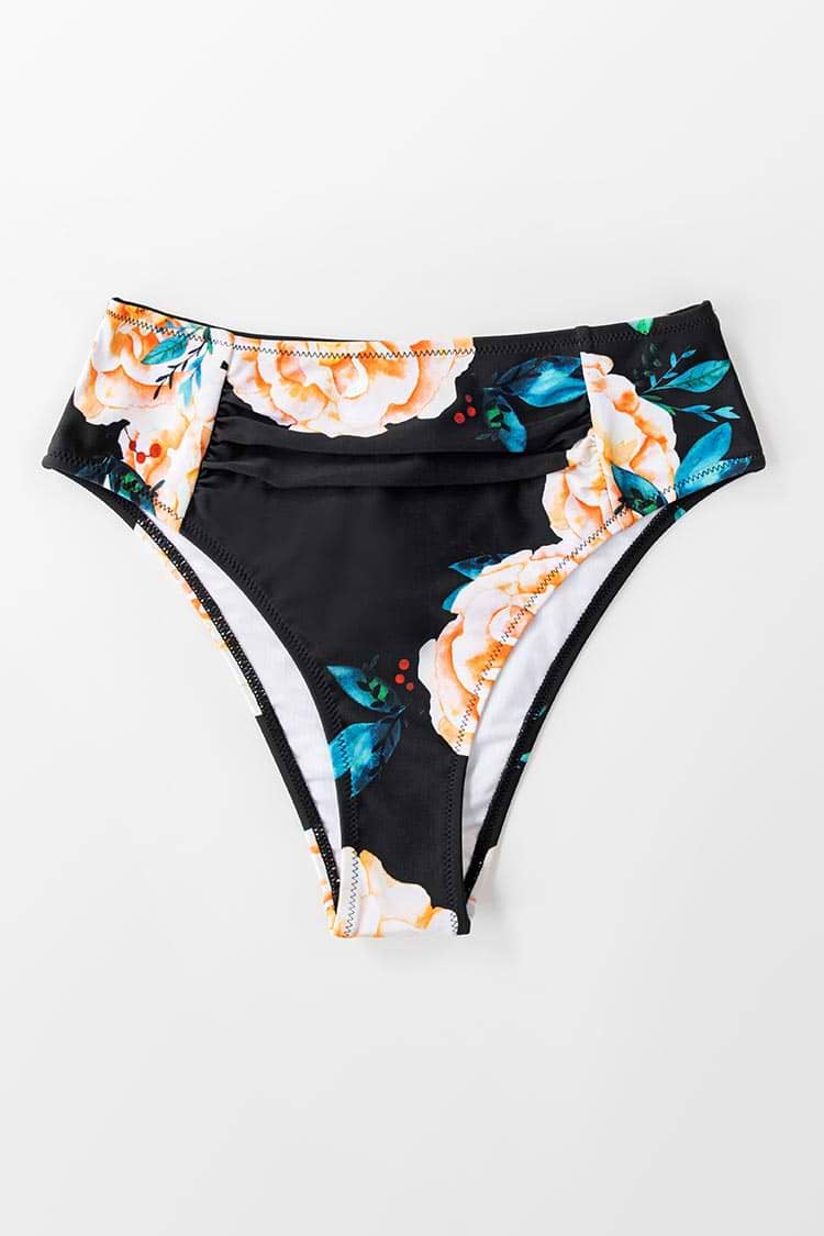 Bas de bikini noir à fronces taille moyenne imprimé floral