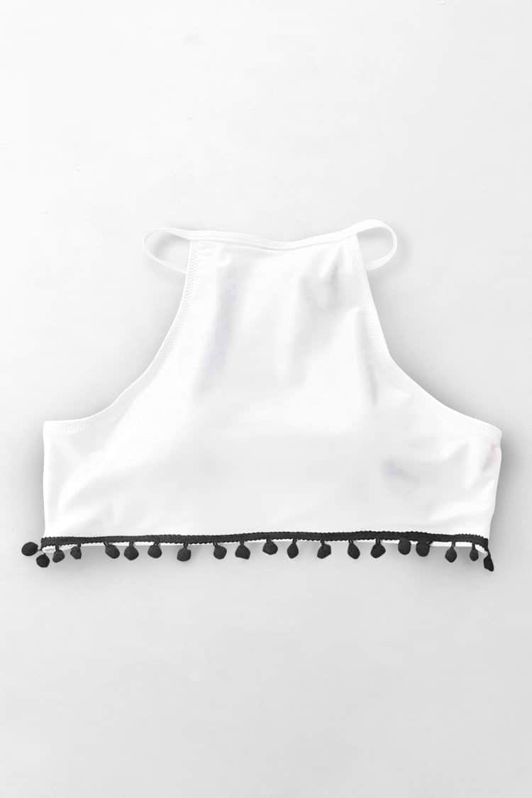 Haut de bikini dos nu blanc à col montant