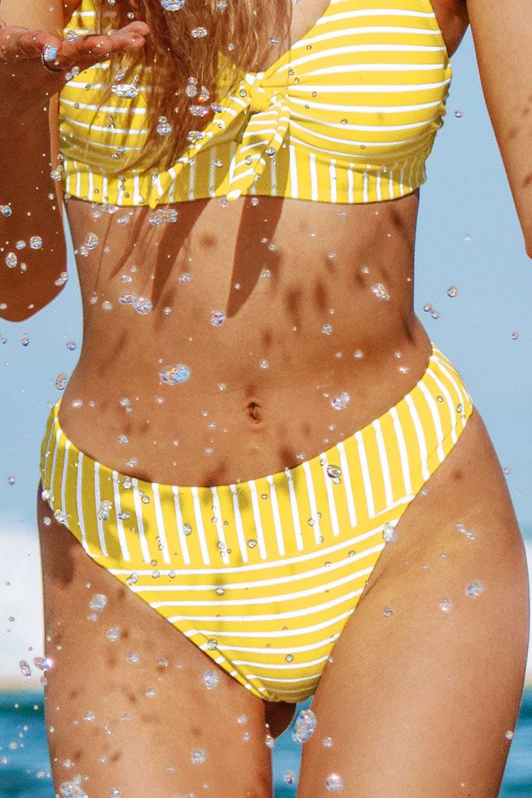 Bas de bikini taille moyenne rayé jaune
