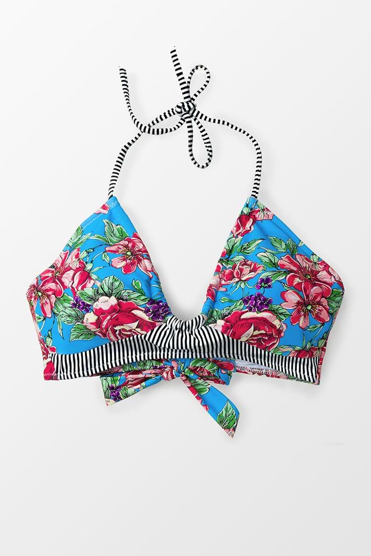 Haut de bikini halter à fleurs et rayures rouges