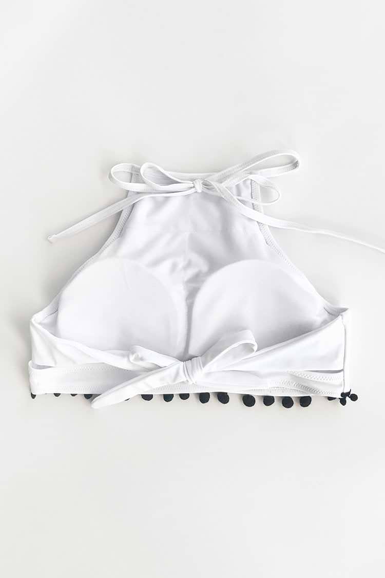 Haut de bikini dos nu blanc à col montant