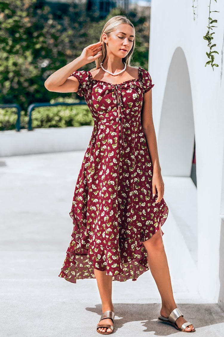 Rotes Blumen schulterfrei Midi-Kleid
