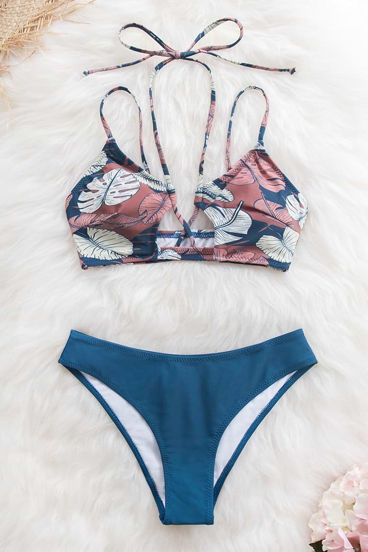 Palm Print und Navy Riemchen Bikini