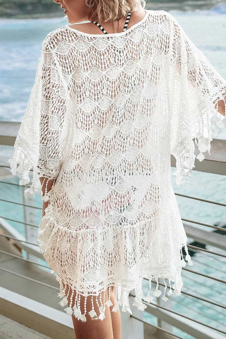 Weiße Spitze häkeln Cover Up mit Quaste Trimm