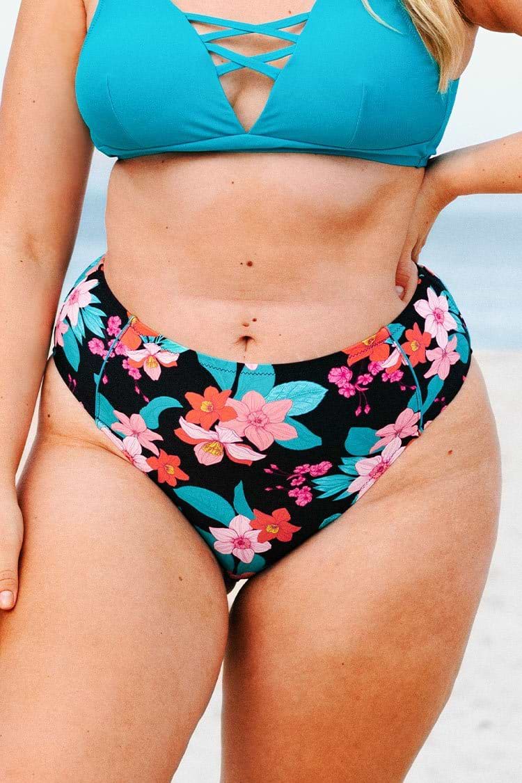 Calzón de bikini para tallas grandes de cintura alta con estampado floral Cynthia
