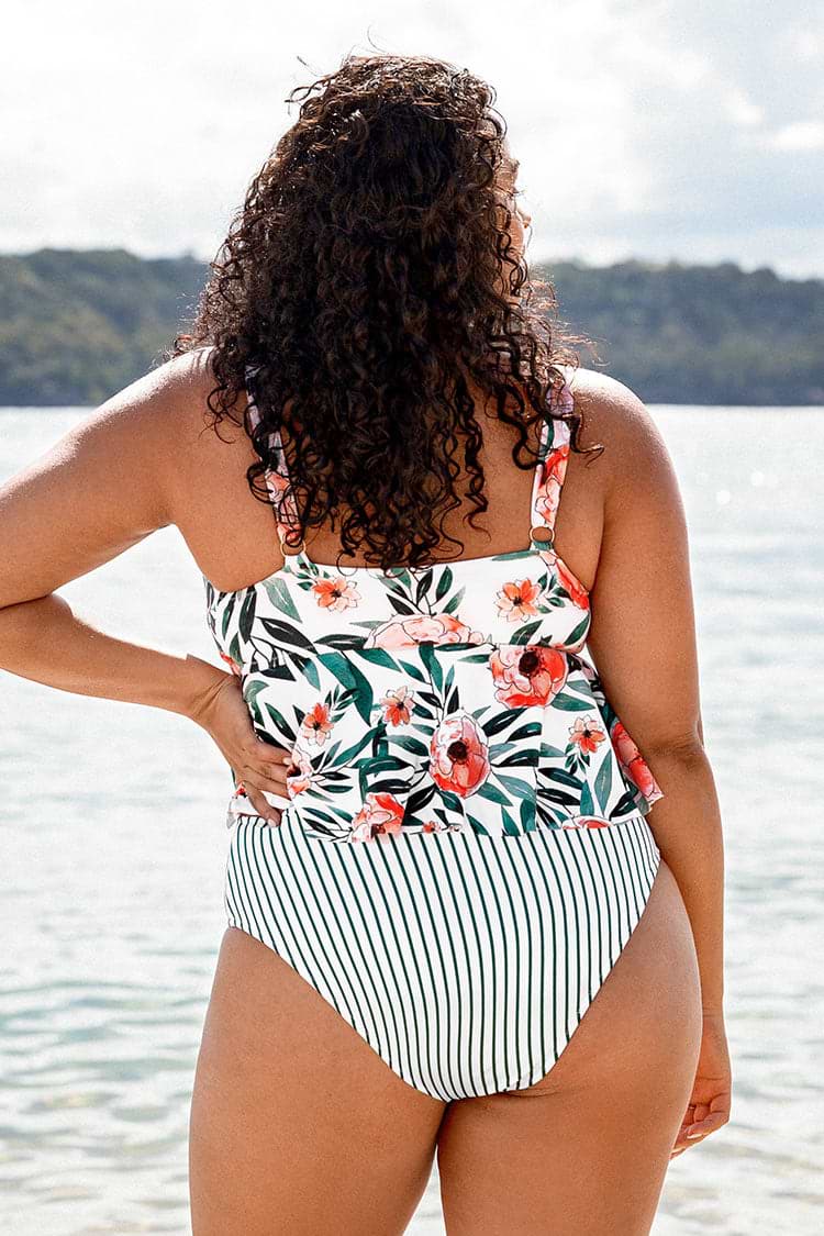 Große Größen Bikini-Set mit Streifen und Blumen-Muster