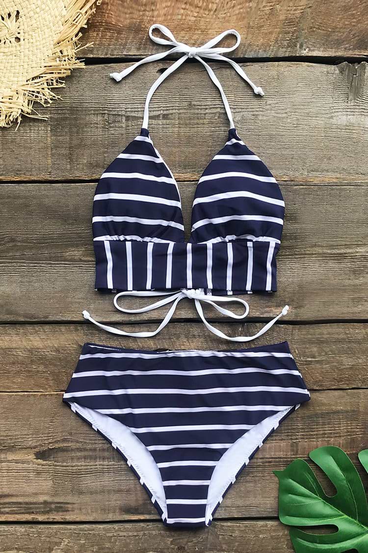 Marine und weiße Streifen-Bikini-Longline