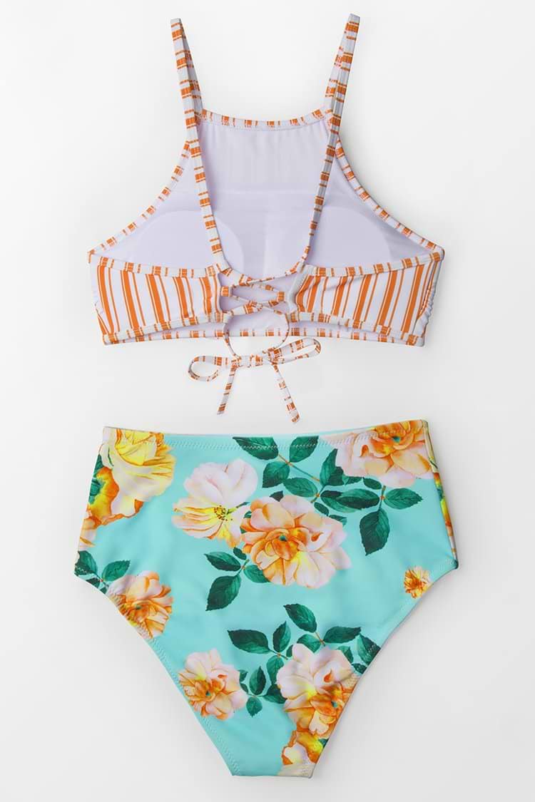 Orange Streifen und Floral High-Waist Bikini