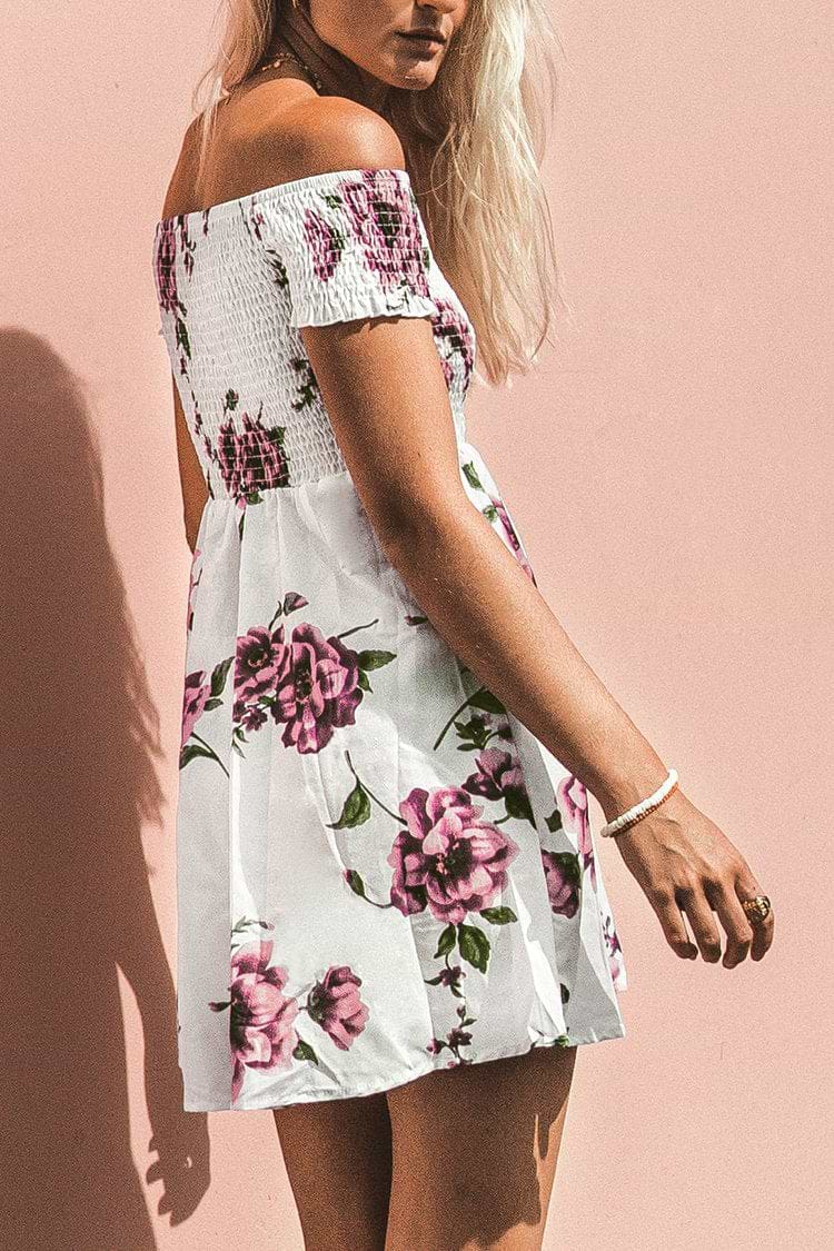 Rose Drucken gesmockte Schulter Kleid