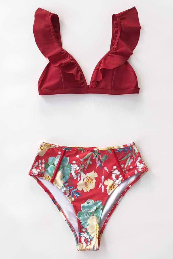 Roter Blumenrüschen-Bikini