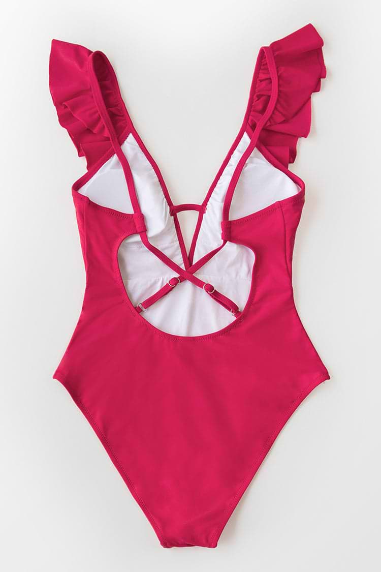 Badeanzug mit rotem Rüschen und tiefem Ausschnitt