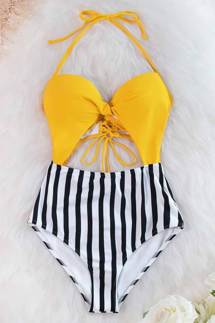Gelb und Streifen Schnürung Badeanzug