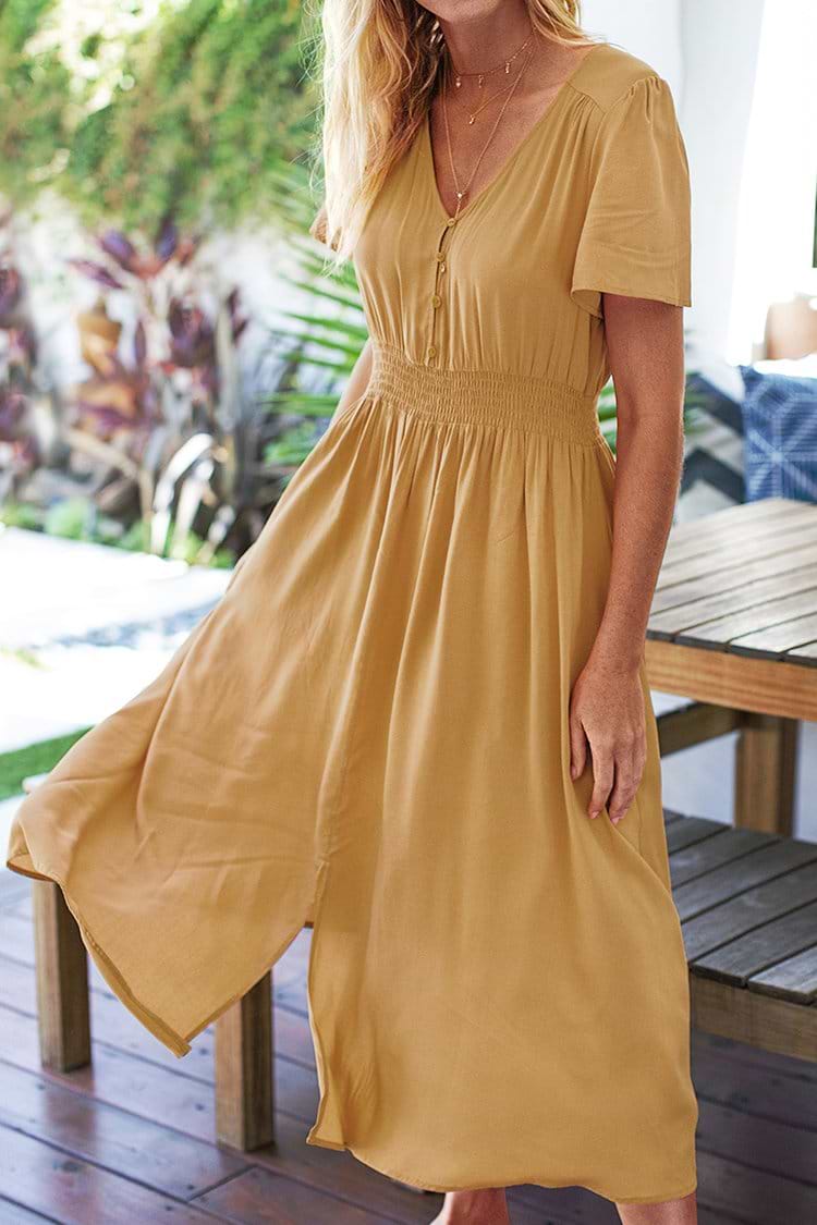 Solides Kurzarm-Midikleid mit gesmokter Taille