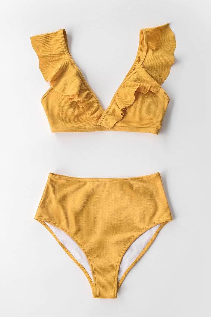 Gelb gerippter Bikini mit hoher Taille