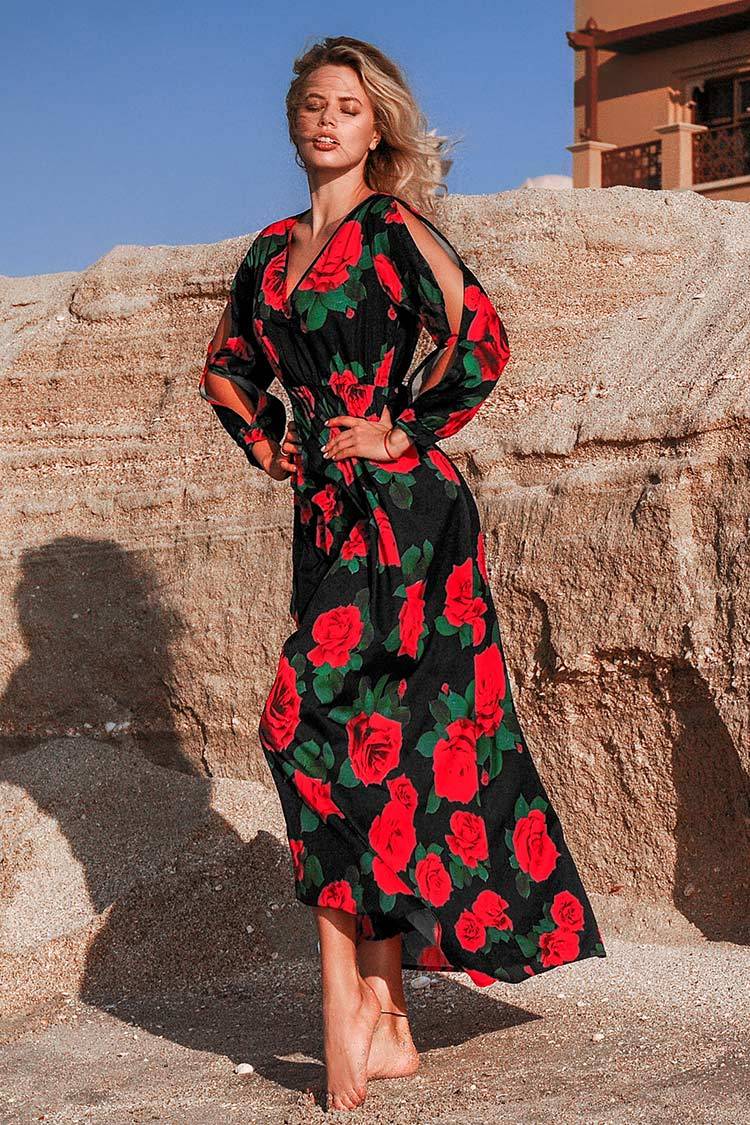 Rose Langarmkleid mit V-Ausschnitt