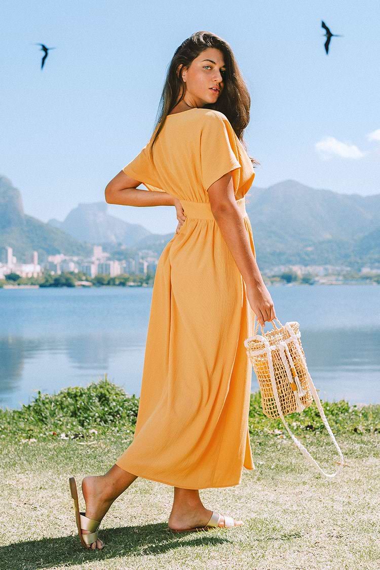 Vestido split delantero botón amarillo Anastasia