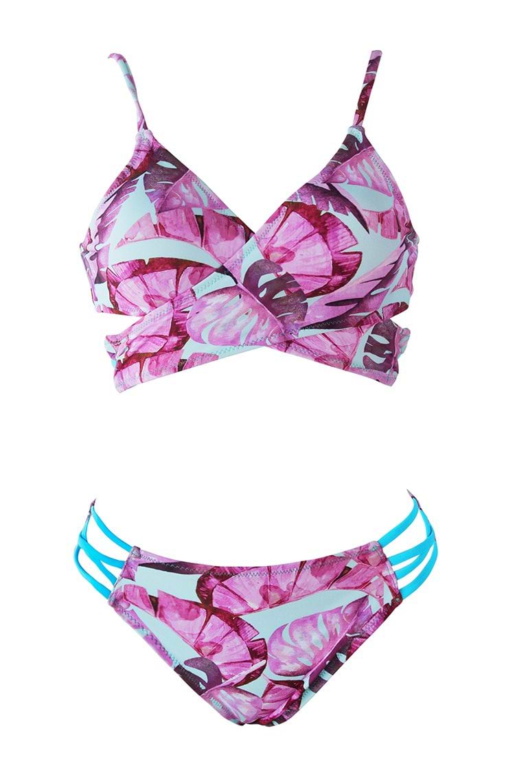 Lila und blau belaubten Riemchen Bikini