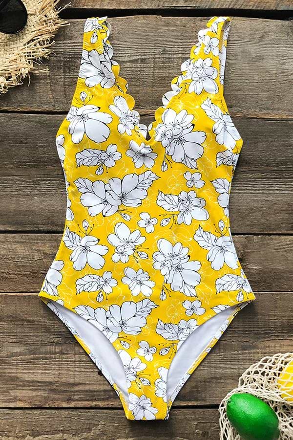 Gelber Floral Print Scallop Badeanzug