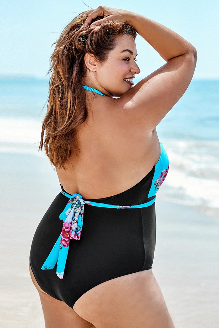 Floral und Schwarz Neckholder Große Größen Badeanzug