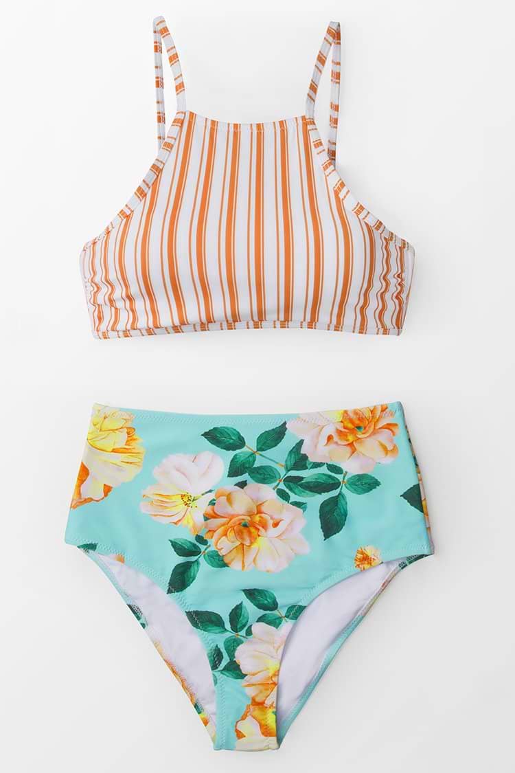 Orange Streifen und Floral High-Waist Bikini